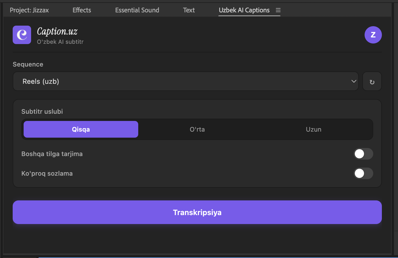 UzCaption paneli Premiere Pro ichida — subtitr uslubi tanlash va Transkripsiya tugmasi